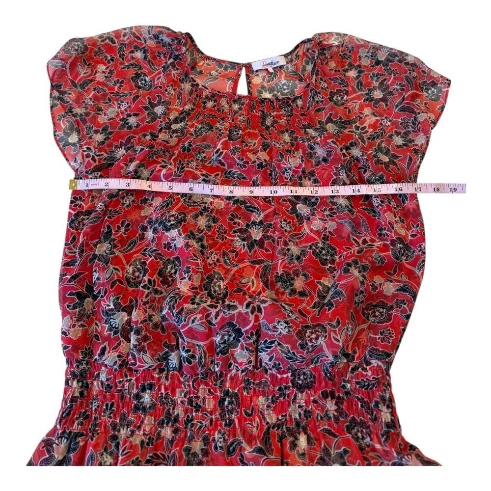 Parker Red Black Silk Floral V Neck Dress Mini Smocked Waist Ruffled Mini Dress - Picture 10 of 15